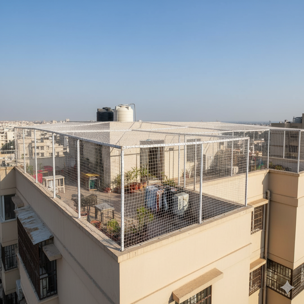 Terrace Top Nets installation by Sweta Invisible Grill for homes, balconies and commercial properties in Gurugram, Delhi NCR and Noida